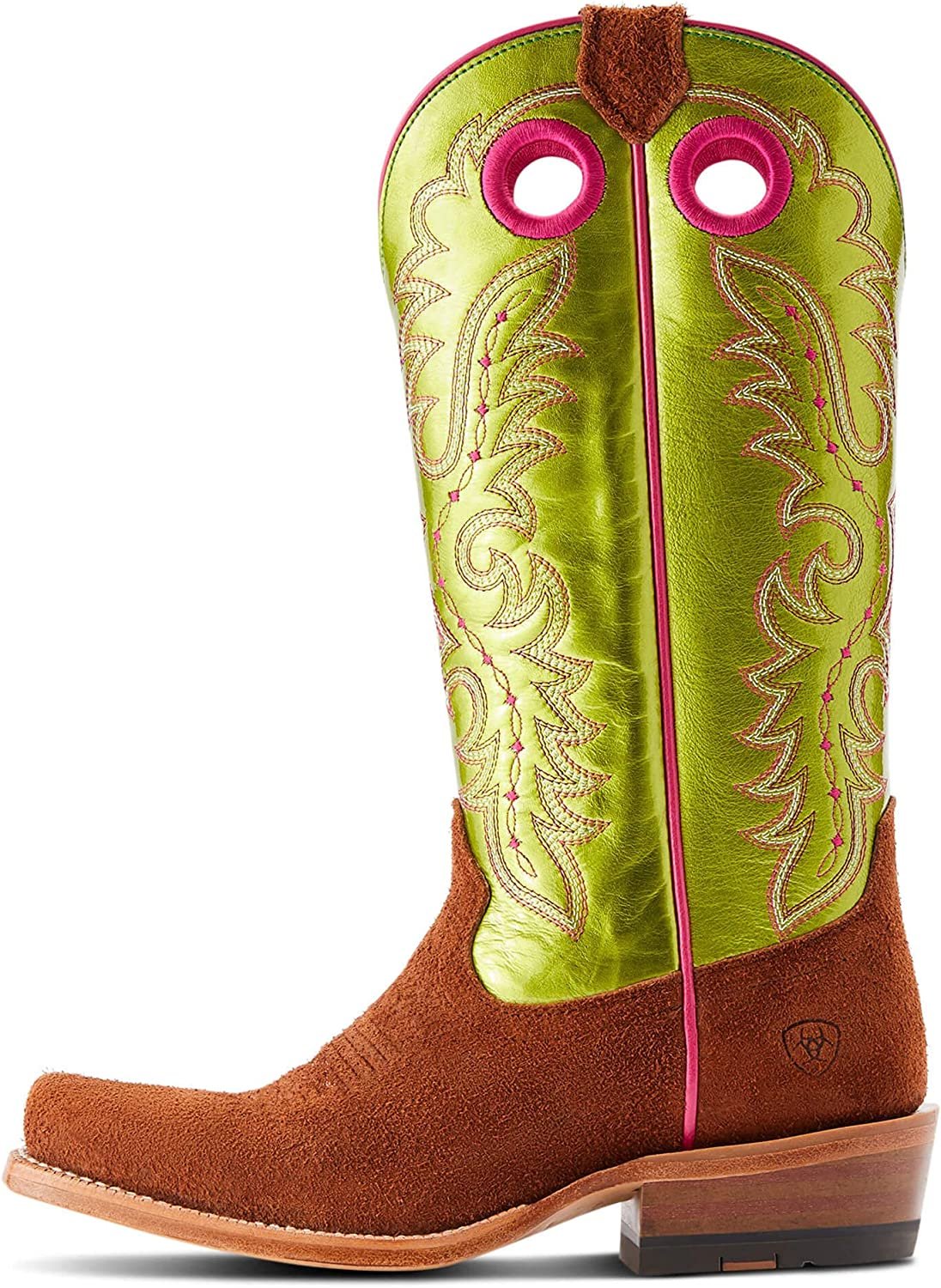 Side Profile of Ariat Women's Futurity Boon Western Boot in Cognac Roughout/Electric Lime
