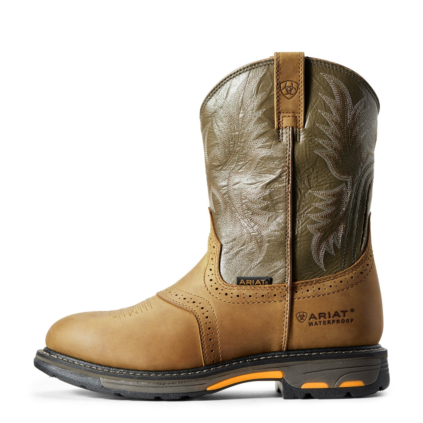 Side Profile of Ariat Men's WorkHog Waterproof Work Boot in Aged Bark