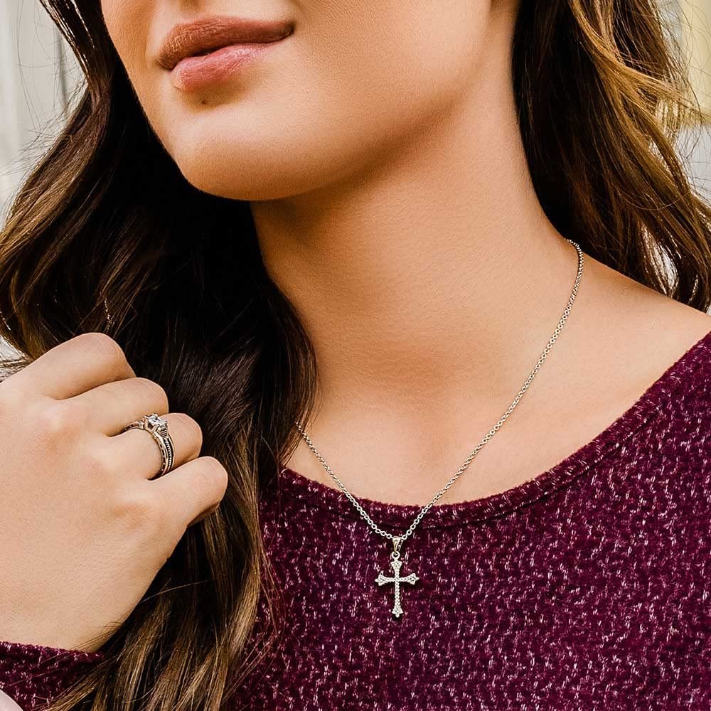 Woman Wearing Montana Silversmiths Ethereal Crystal Cross Necklace