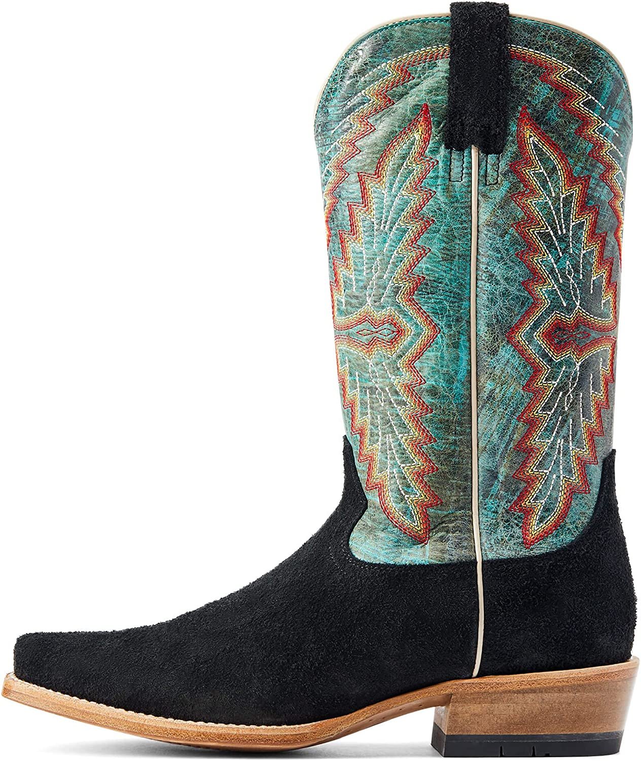 Side Profile of Ariat Men's Futurity Showman Western Boot in Black Roughout/Roaring Turquoise
