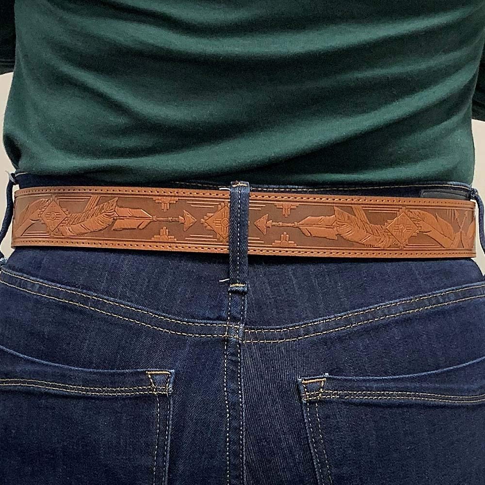Back of Hooey Women's Feather Leather Belt With Jeans