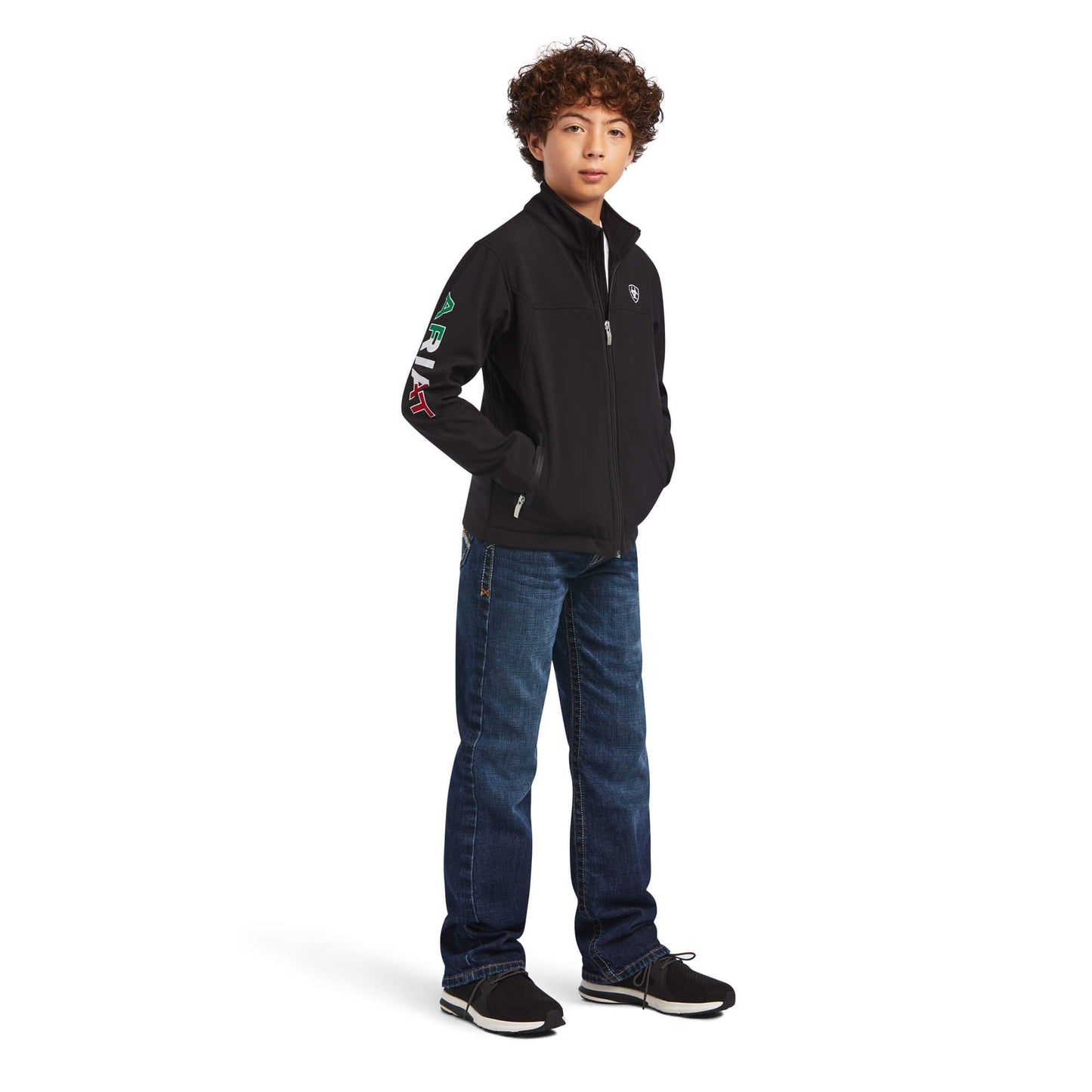 Boy Wearing Ariat Kids' New Team Softshell MEXICO Jacket