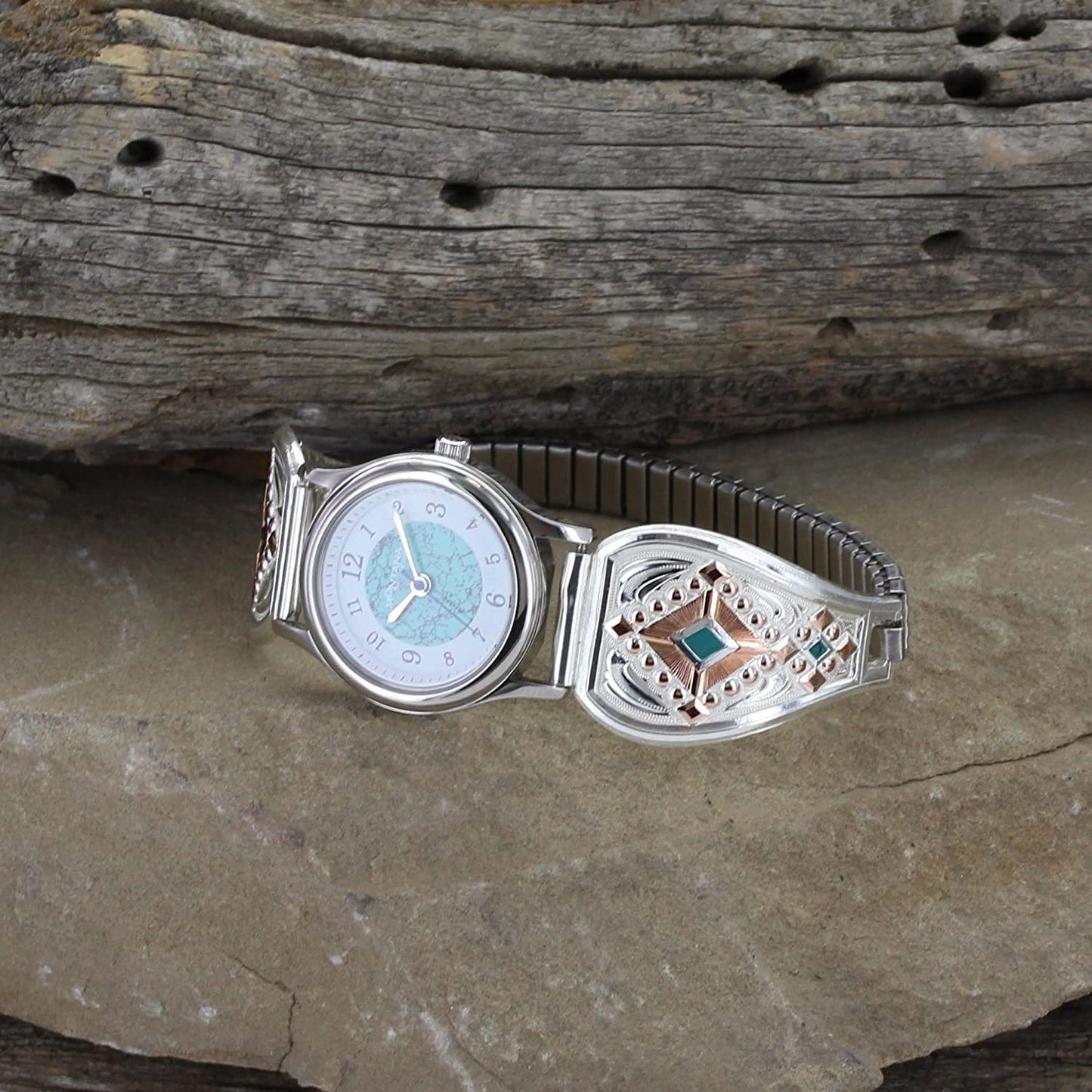 Montana Silversmiths Women's Two Tone Southwestern Beats Expansion Watch on Natural Background