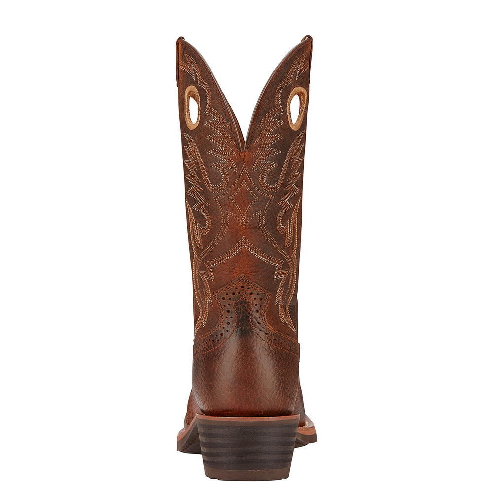 Back of Ariat Men's Heritage Roughstock Square Toe Cowboy Boot in Brown Oiled Rowdy