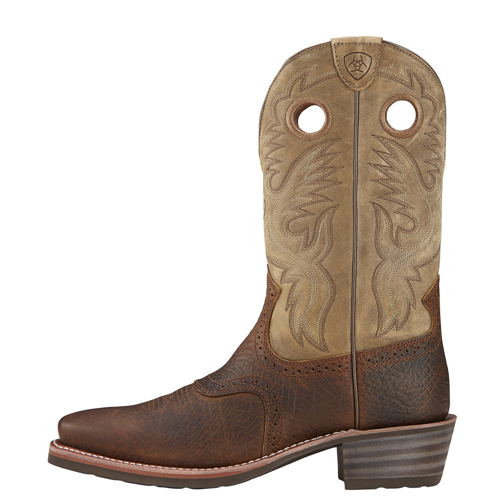 
                  
                    Side Profile of Ariat Men's Heritage Roughstock Square Toe Cowboy Boot in Earth/Brown Bomber
                  
                