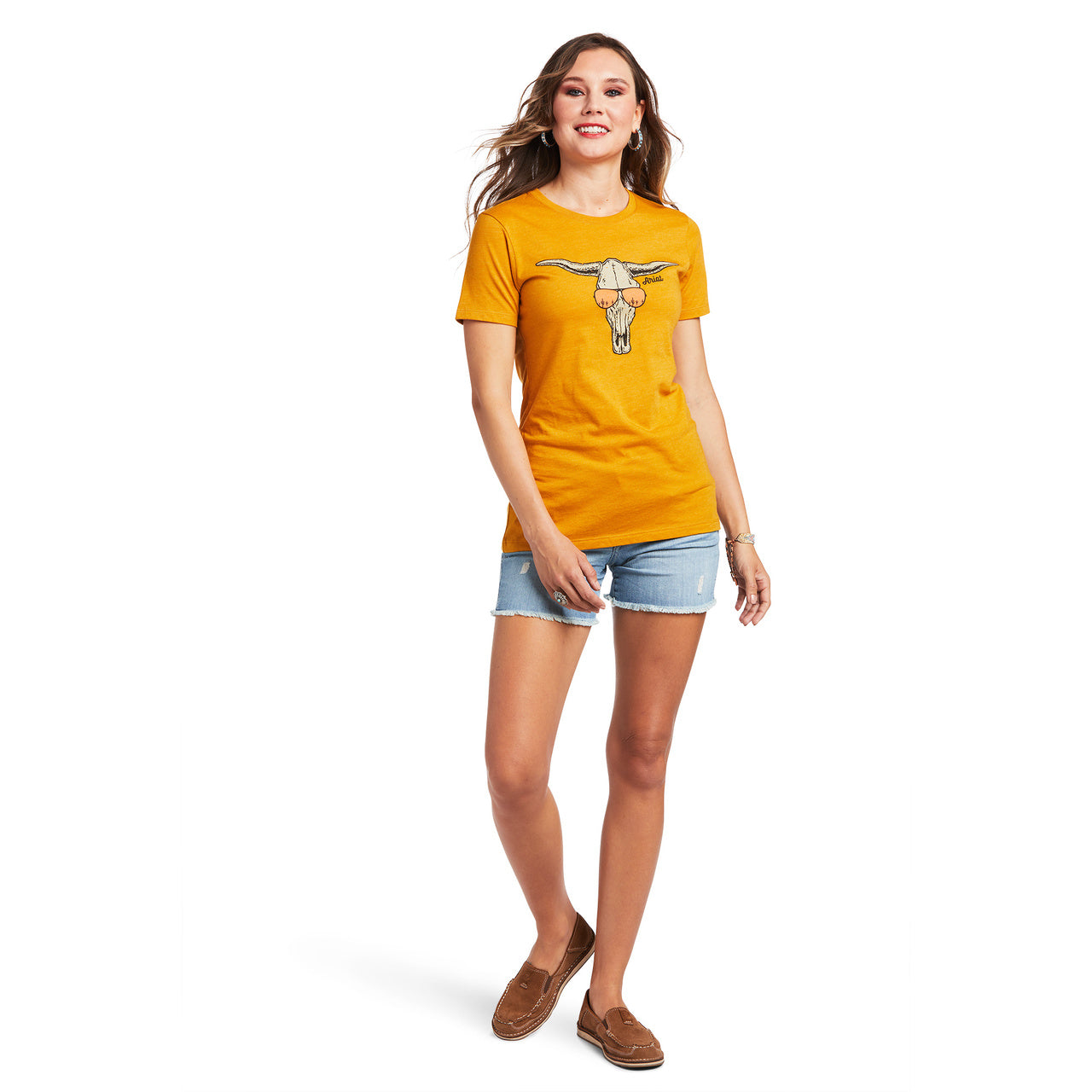 Woman Wearing Ariat Women's Sunglass Skull T-Shirt