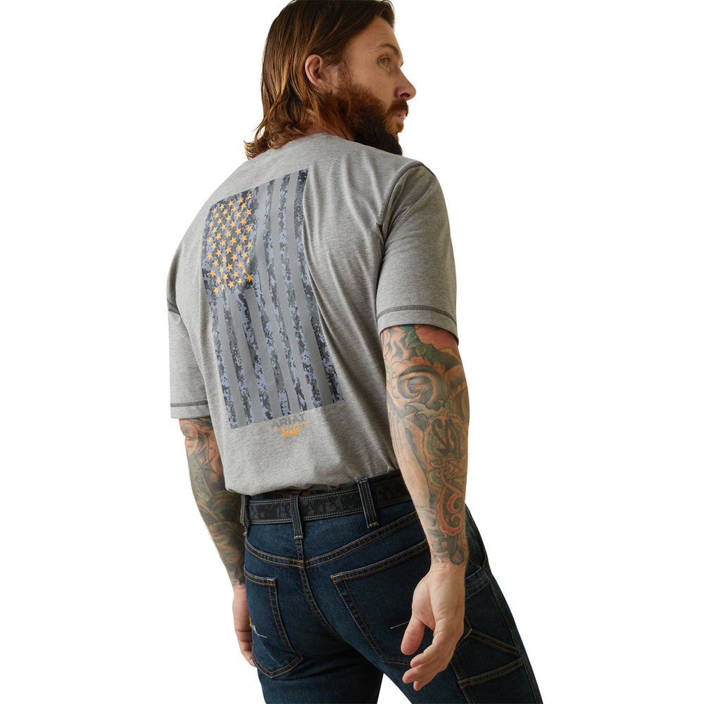 
                  
                    Side Back of Ariat Men's Rebar Workman Reflective Flag T-Shirt in Heather Grey
                  
                