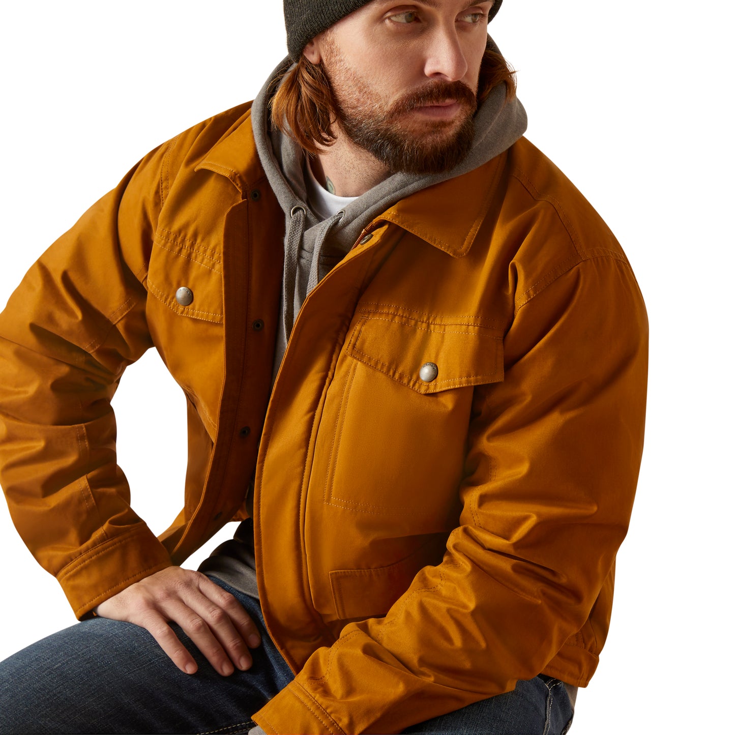 Close-up of Ariat Men's Grizzly 2.0 Canvas Conceal and Carry Jacket in Chestnut