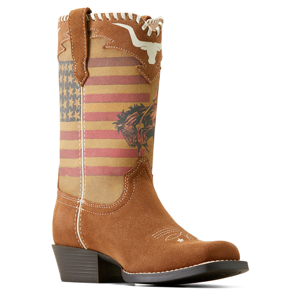 
                  
                    Front side view of Ariat Kids' Futurity Rodeo Quincy Cutter Toe Western Boot, Chestnut Suede
                  
                