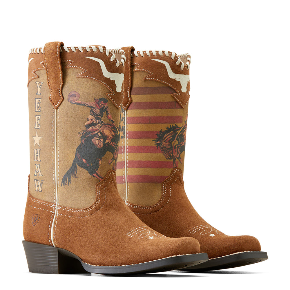 
                  
                    Pair of Ariat Kids' Futurity Rodeo Quincy Cutter Toe Western Boots, Chestnut Suede
                  
                