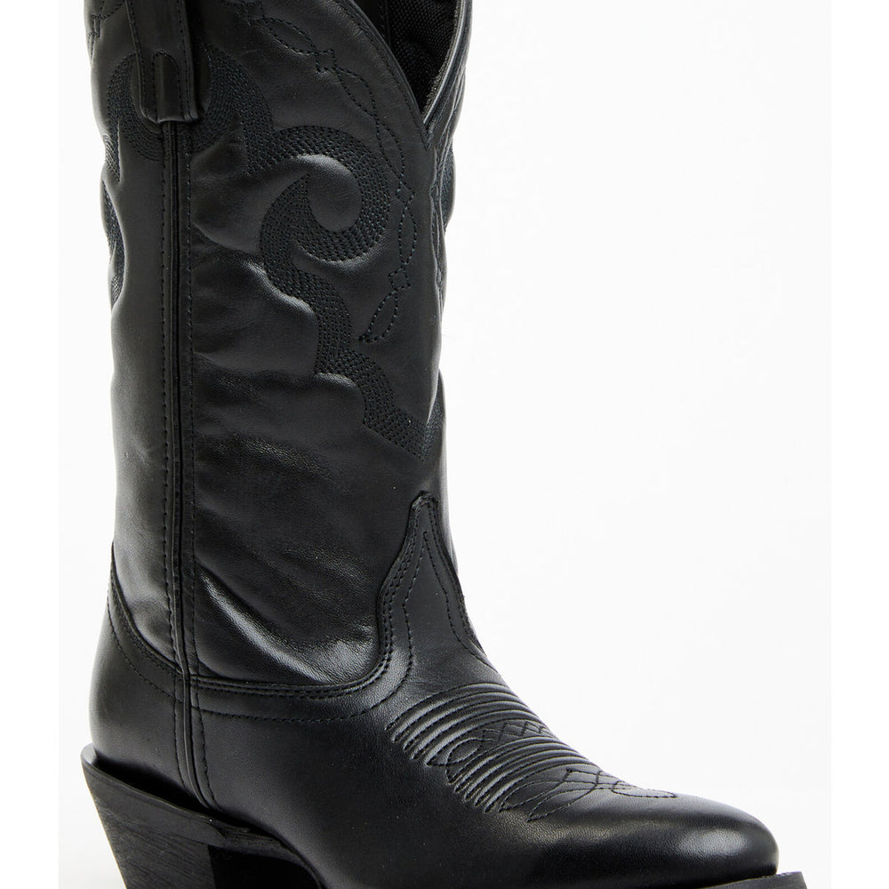 Three-quarter front view of a black Laredo Women’s Maxine Performance Western Boot, showing the round toe, embroidered shaft, and pull tabs at the top.