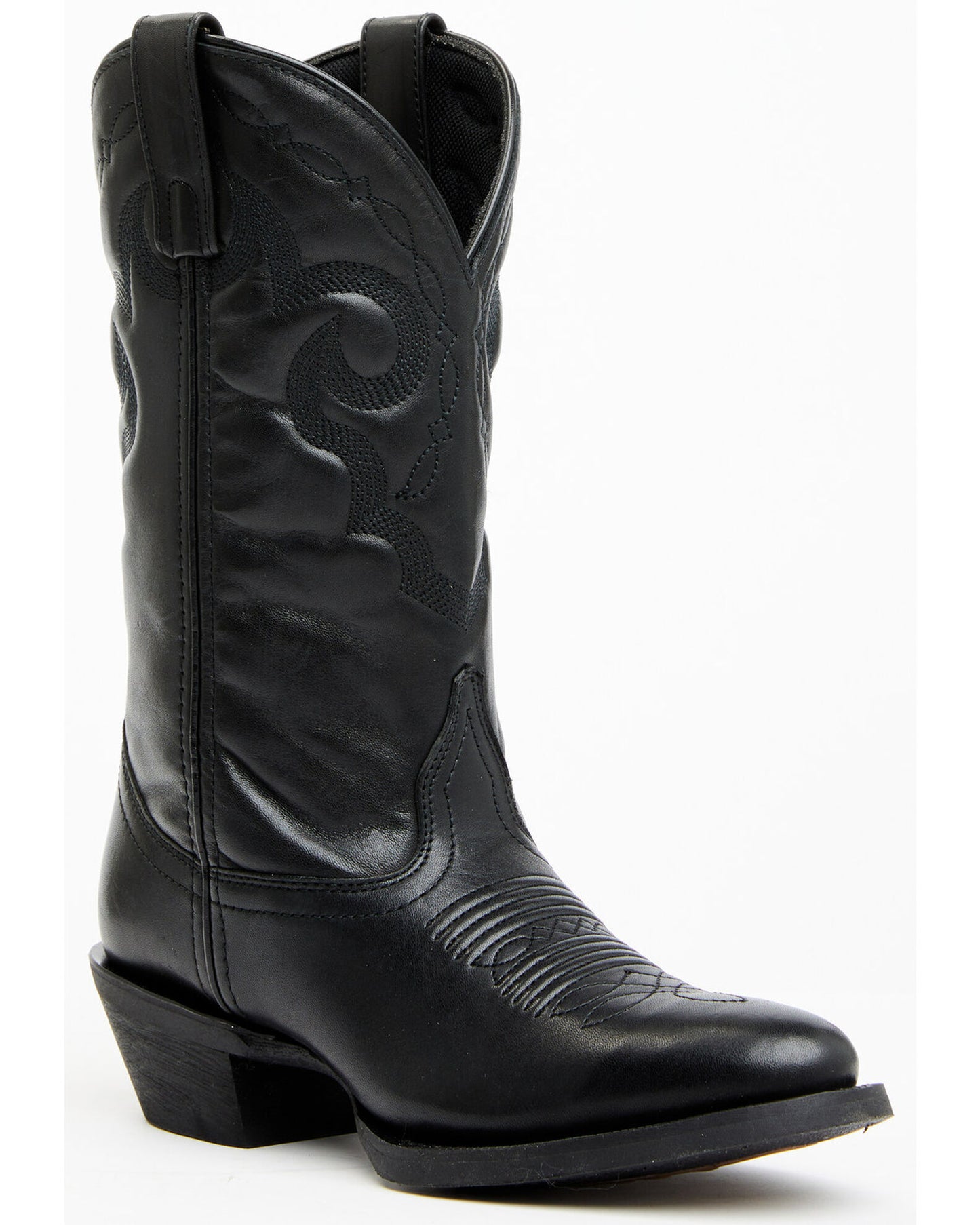 Three-quarter front view of a black Laredo Women’s Maxine Performance Western Boot, showing the round toe, embroidered shaft, and pull tabs at the top.