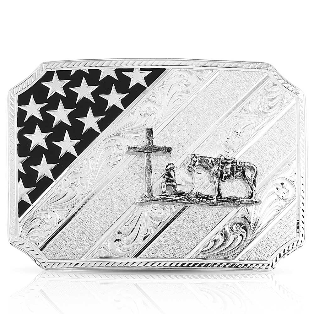 Montana Silversmiths German Silver Christian Cowboy Western Belt Buckle With All American Christian Cowboy Silver Design