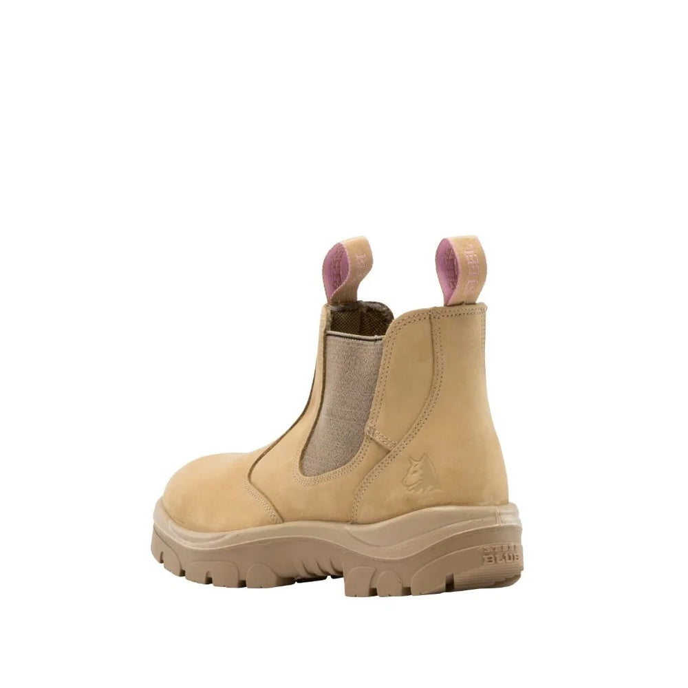 
                  
                    Angled Back View of Steel Blue Hobart Ladies Pull-On Work Boot in Sand
                  
                