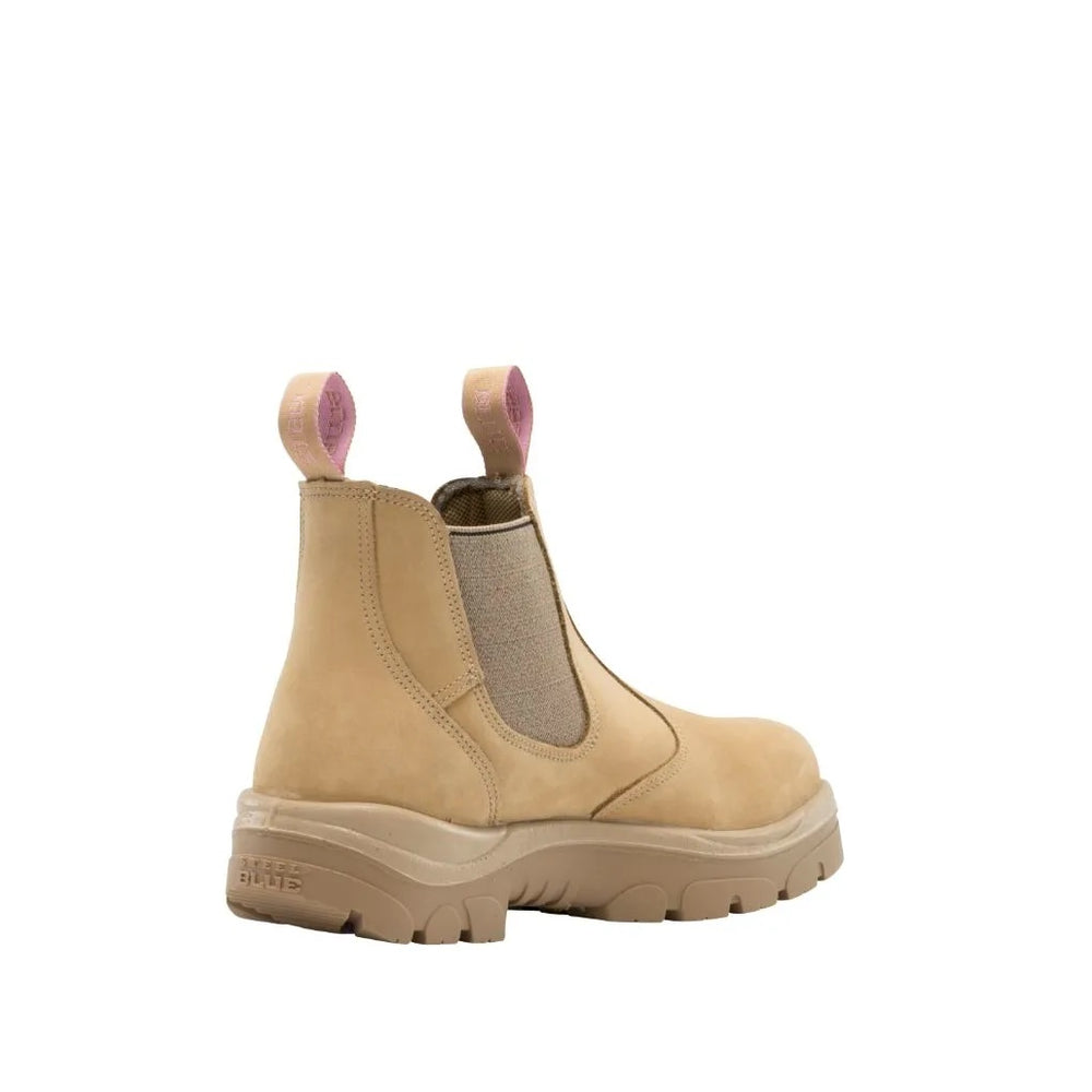 
                  
                    Angled Back View of Steel Blue Hobart Ladies Pull-On Work Boot in Sand
                  
                