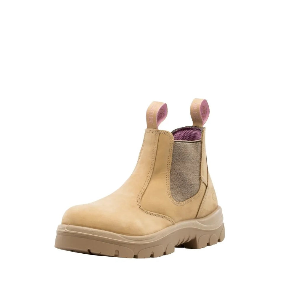
                  
                    Angled Front View of Steel Blue Hobart Ladies Pull-On Work Boot in Sand
                  
                