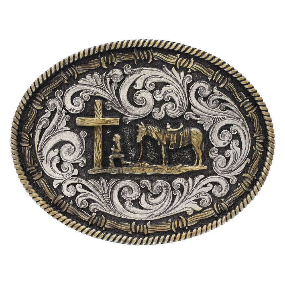 Two-Tone Montana Silversmiths Western Belt Buckle With Christian Cowboy Design