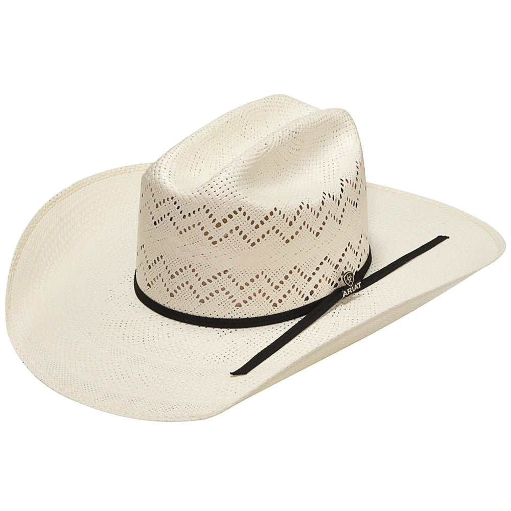 Beige cowboy hat with a black band on a white background