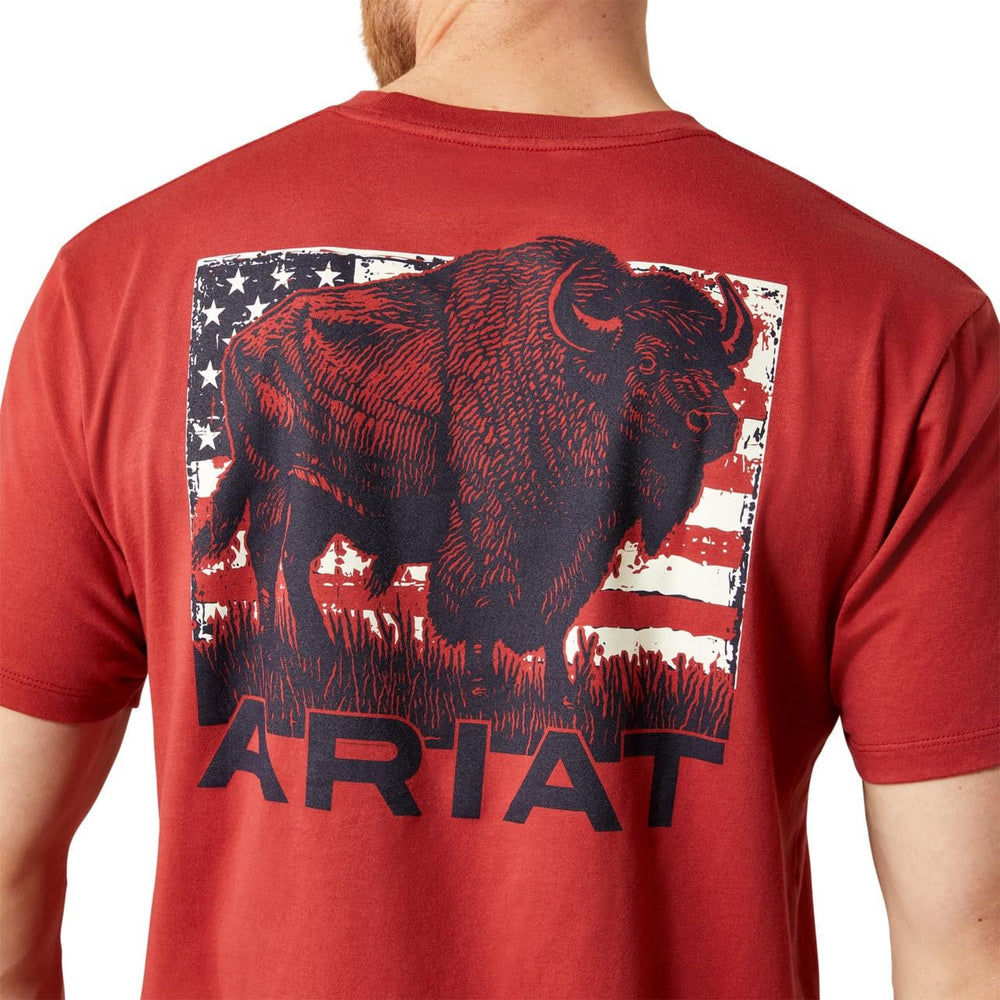 Red t-shirt with a graphic of a bison and American flag, featuring the Ariat logo.