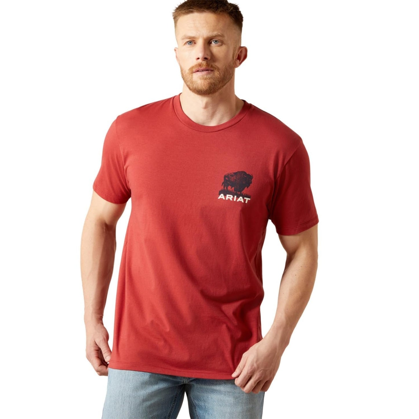 Man wearing a red t-shirt with a logo on a white background