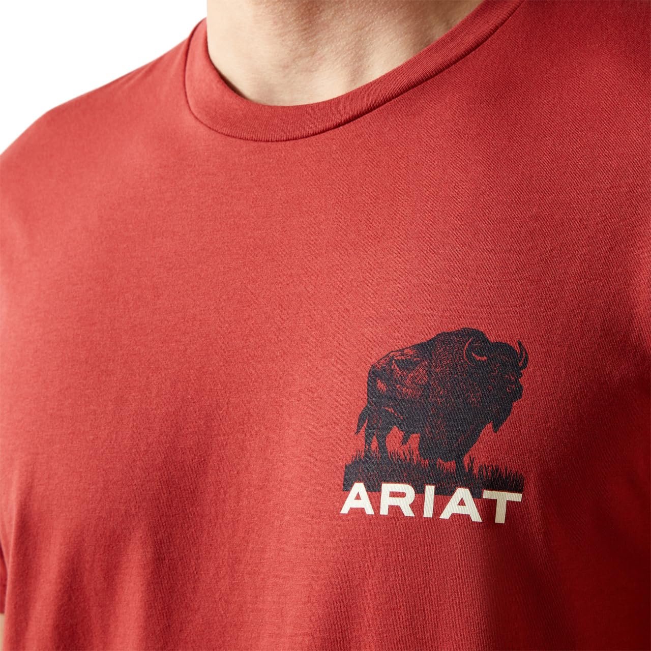 Red t-shirt with a black bison graphic and 'Ariat' logo on a white background