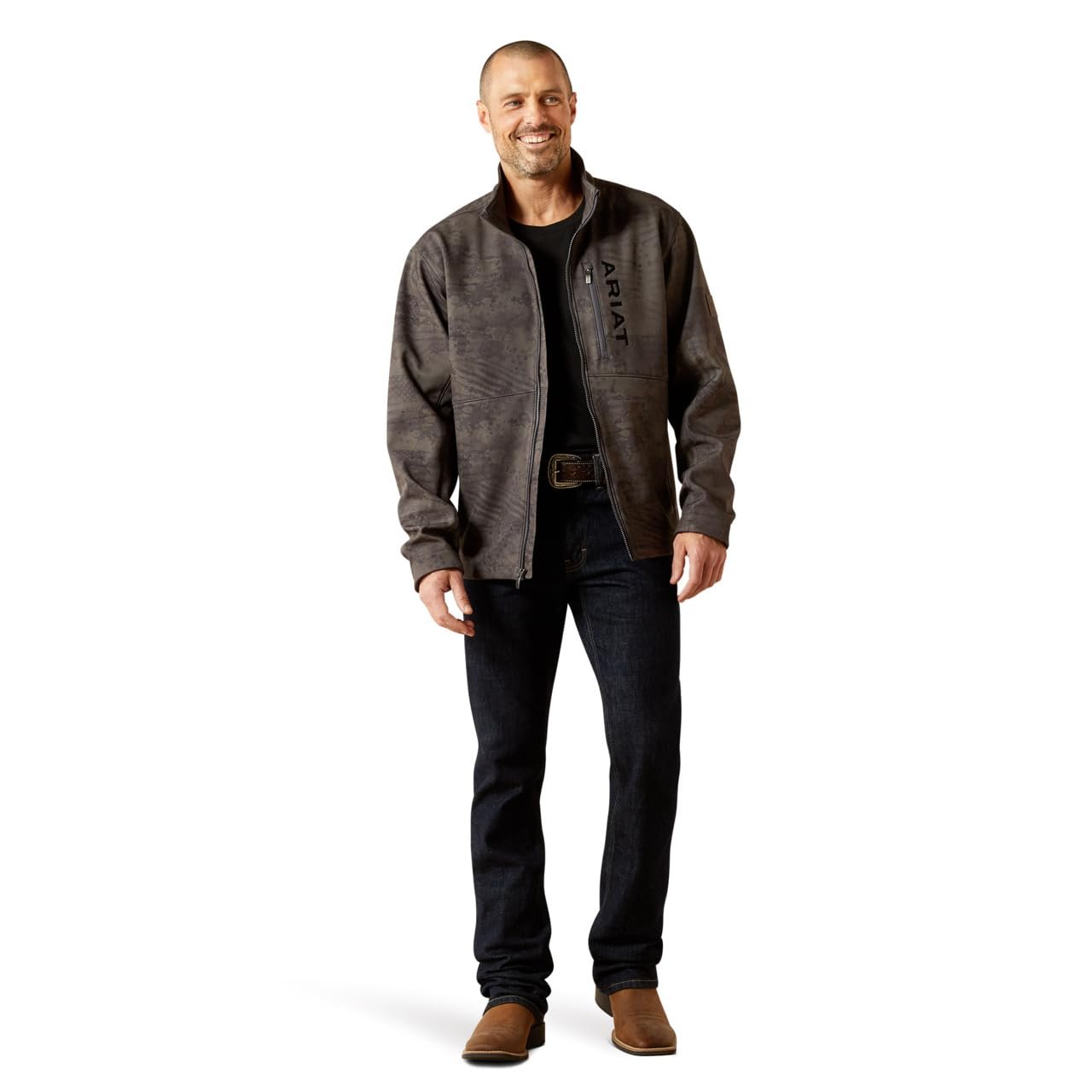 Man wearing a brown jacket with a visible brand logo on a white background