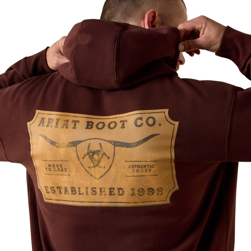 Brown hoodie with Ariat Boot Co. logo on the back