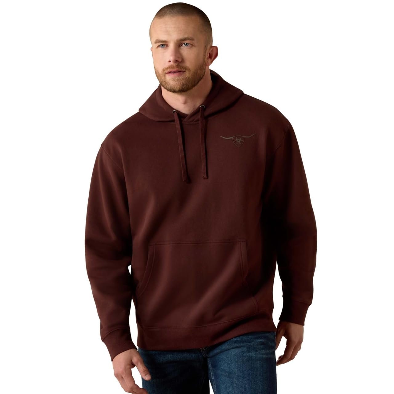 Man wearing a brown hoodie with a logo on a white background