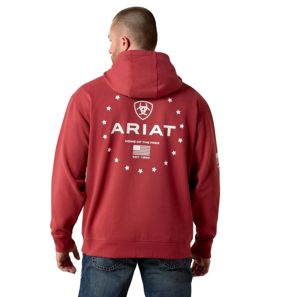 
                  
                    Red hoodie with Ariat logo on the back worn by a person, white background
                  
                