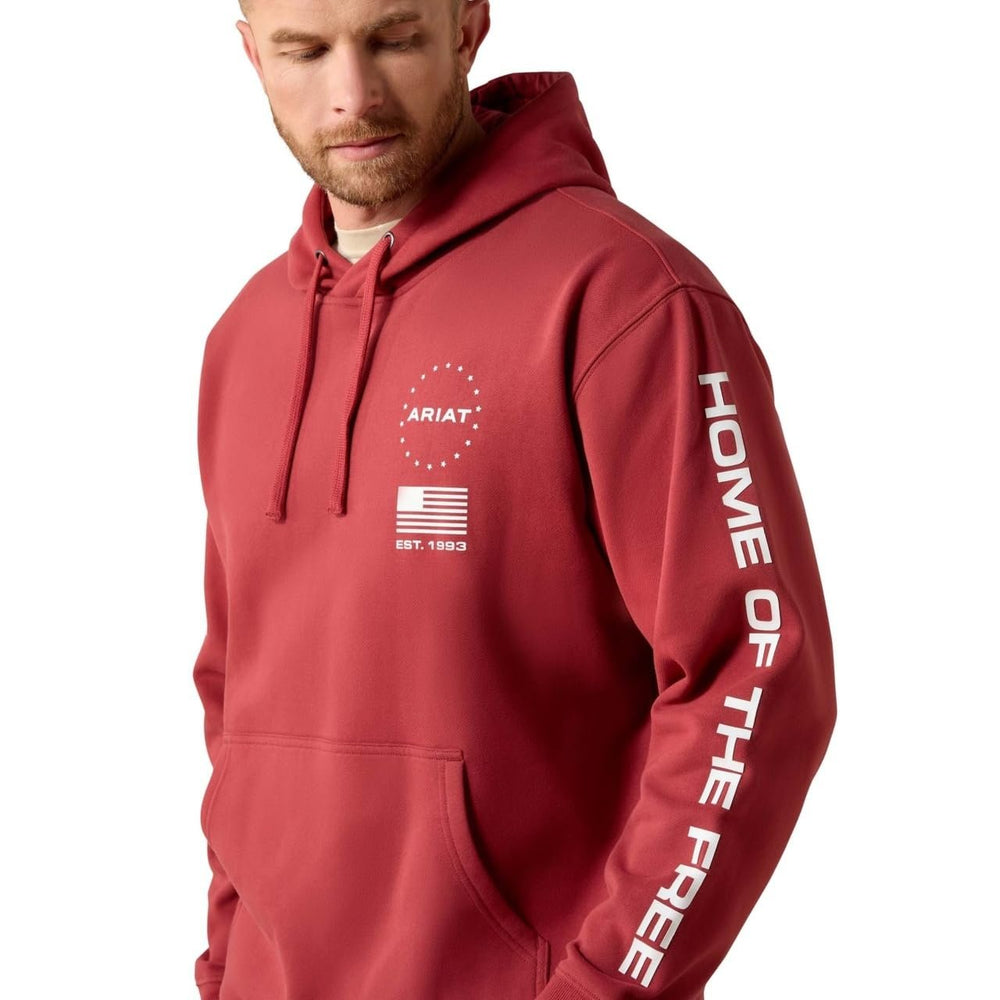 
                  
                    Red hoodie with branding and text on a white background
                  
                