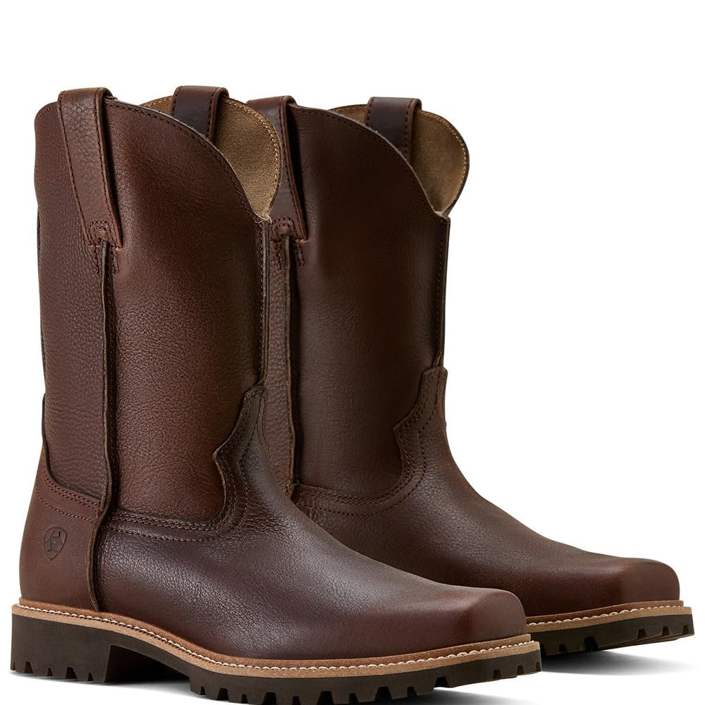 
                  
                    Pair of brown leather boots on a white background
                  
                