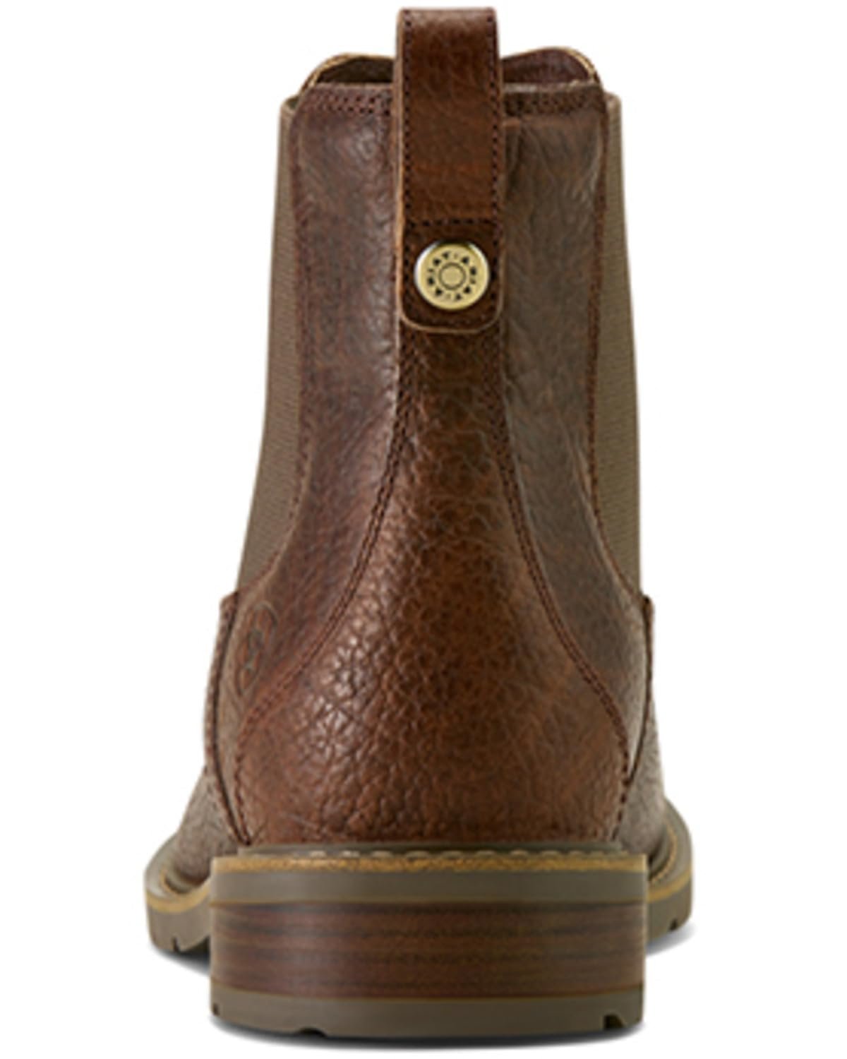 Brown leather boot with a visible brand logo on a white background