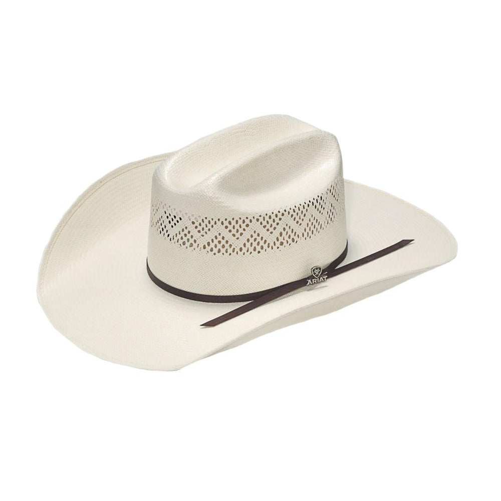 White cowboy hat with a black band on a white background