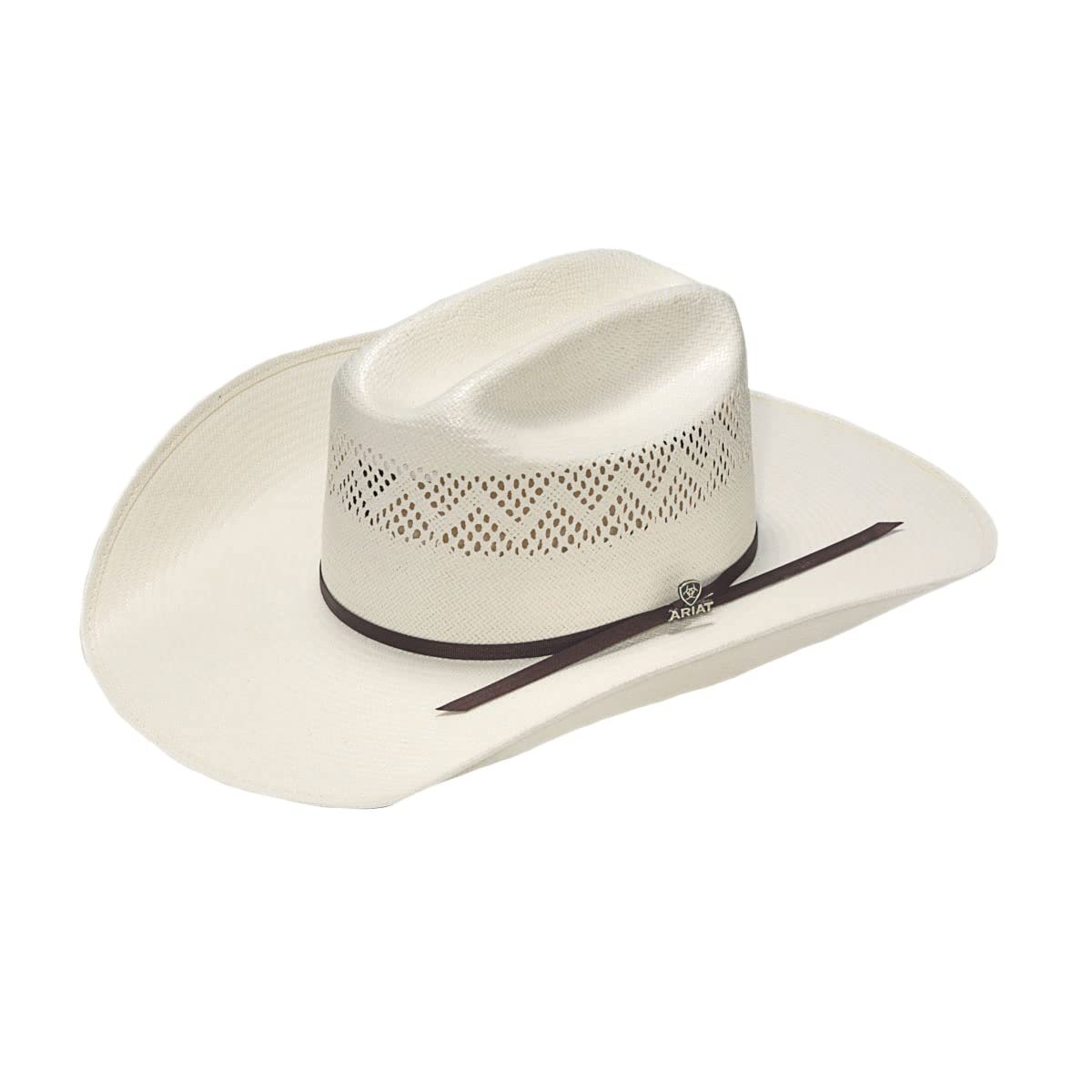 White cowboy hat with a black band on a white background