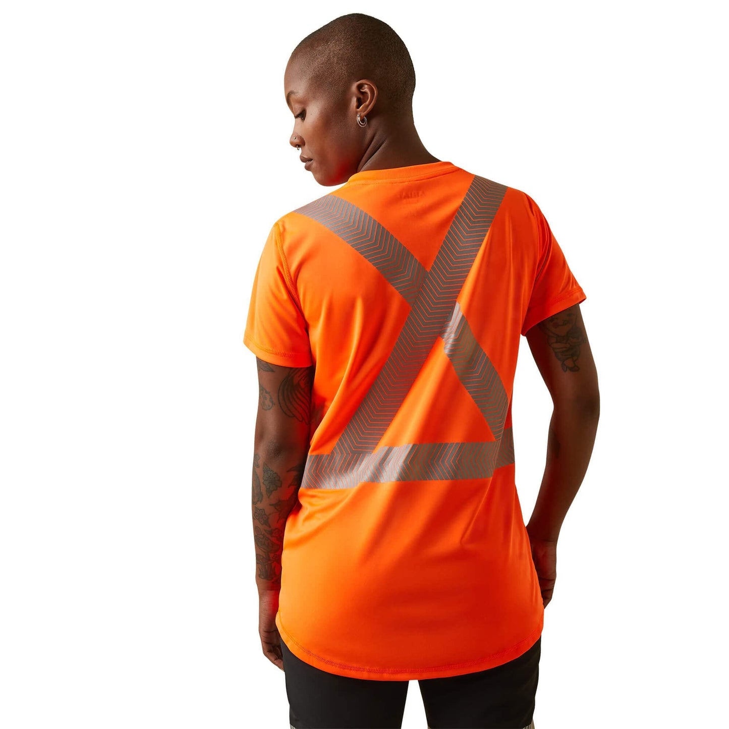 Person wearing an orange safety shirt with reflective stripes on a white background