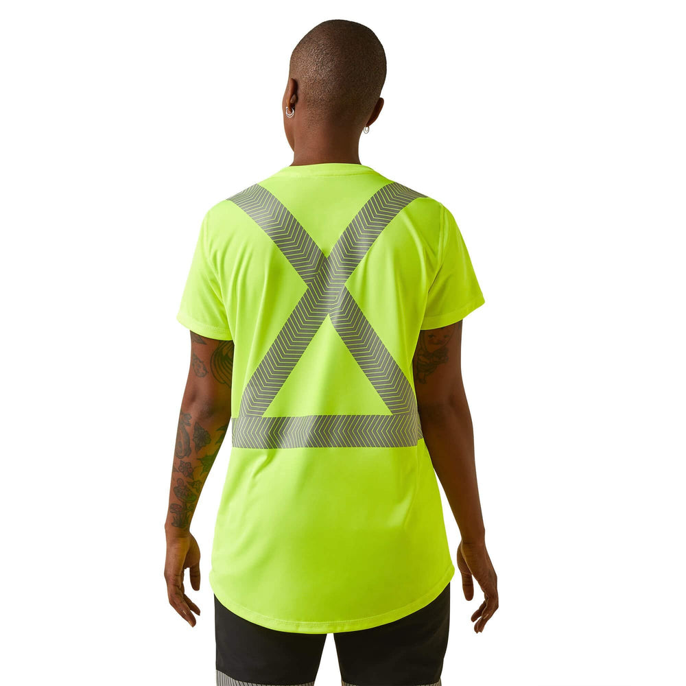 
                  
                    Person wearing a bright yellow safety shirt with reflective design on a white background
                  
                