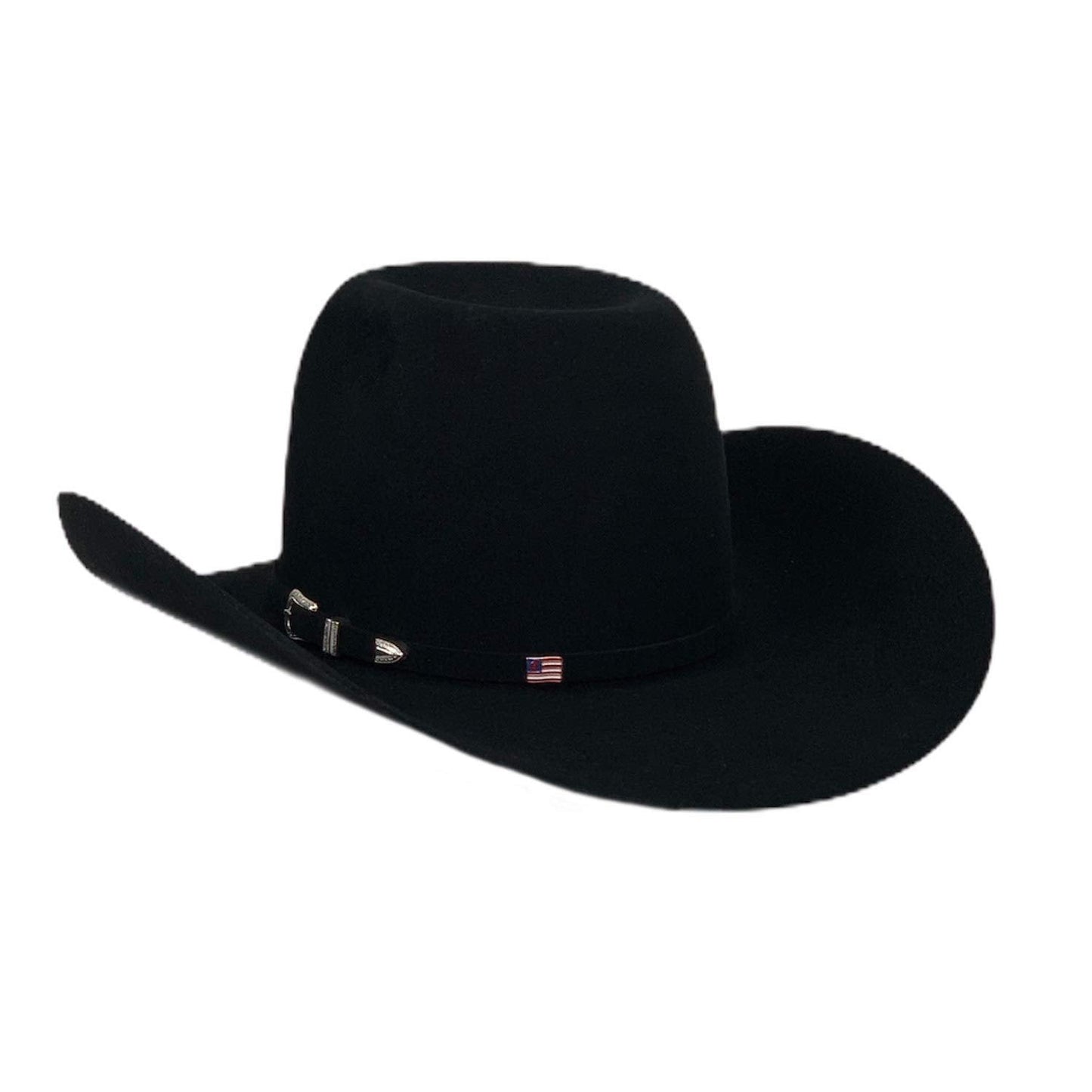 Black cowboy hat with decorative band on a white background