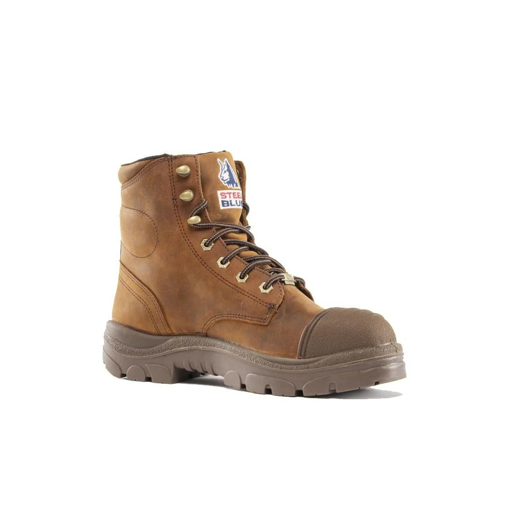 Brown work boot on a white background