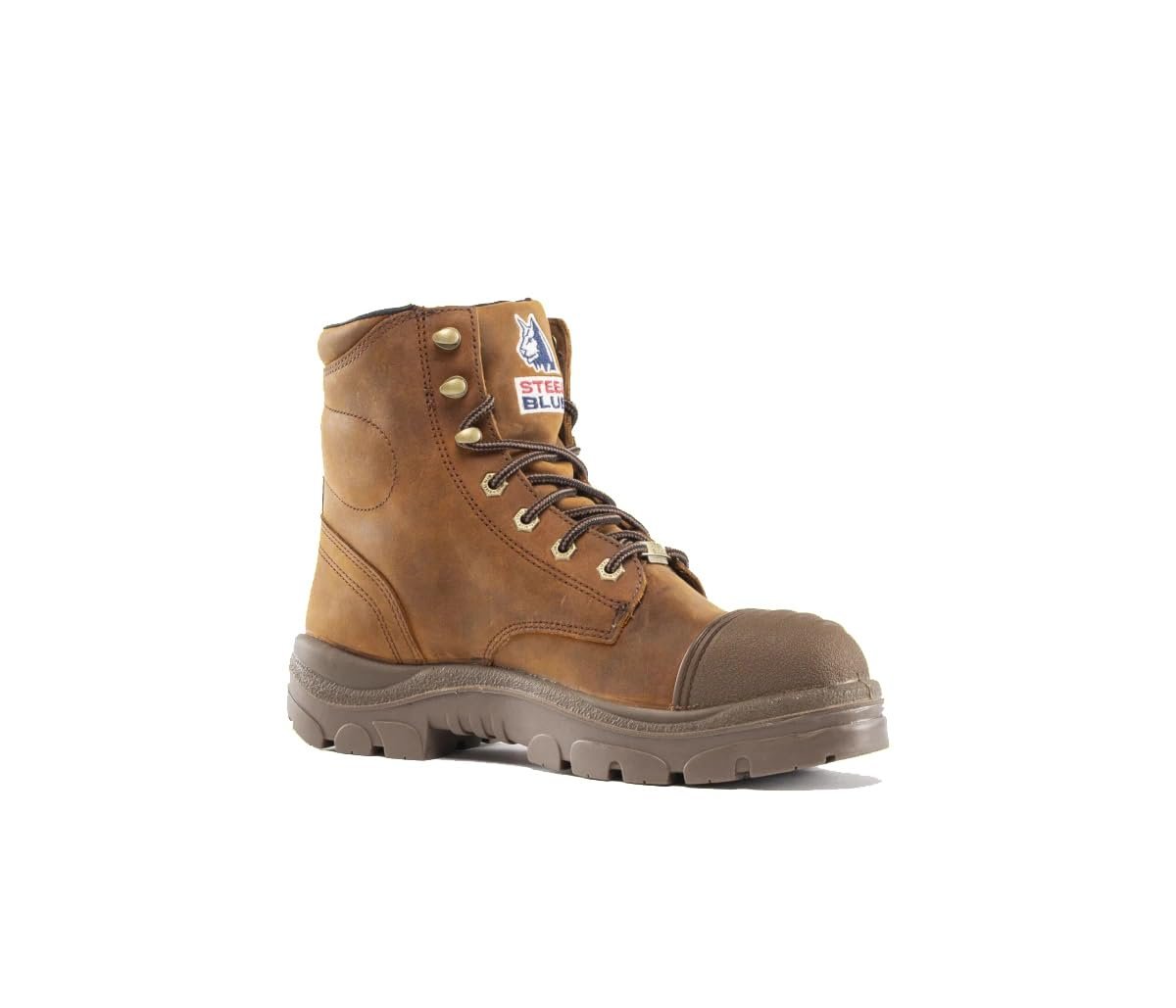 Brown work boot on a white background