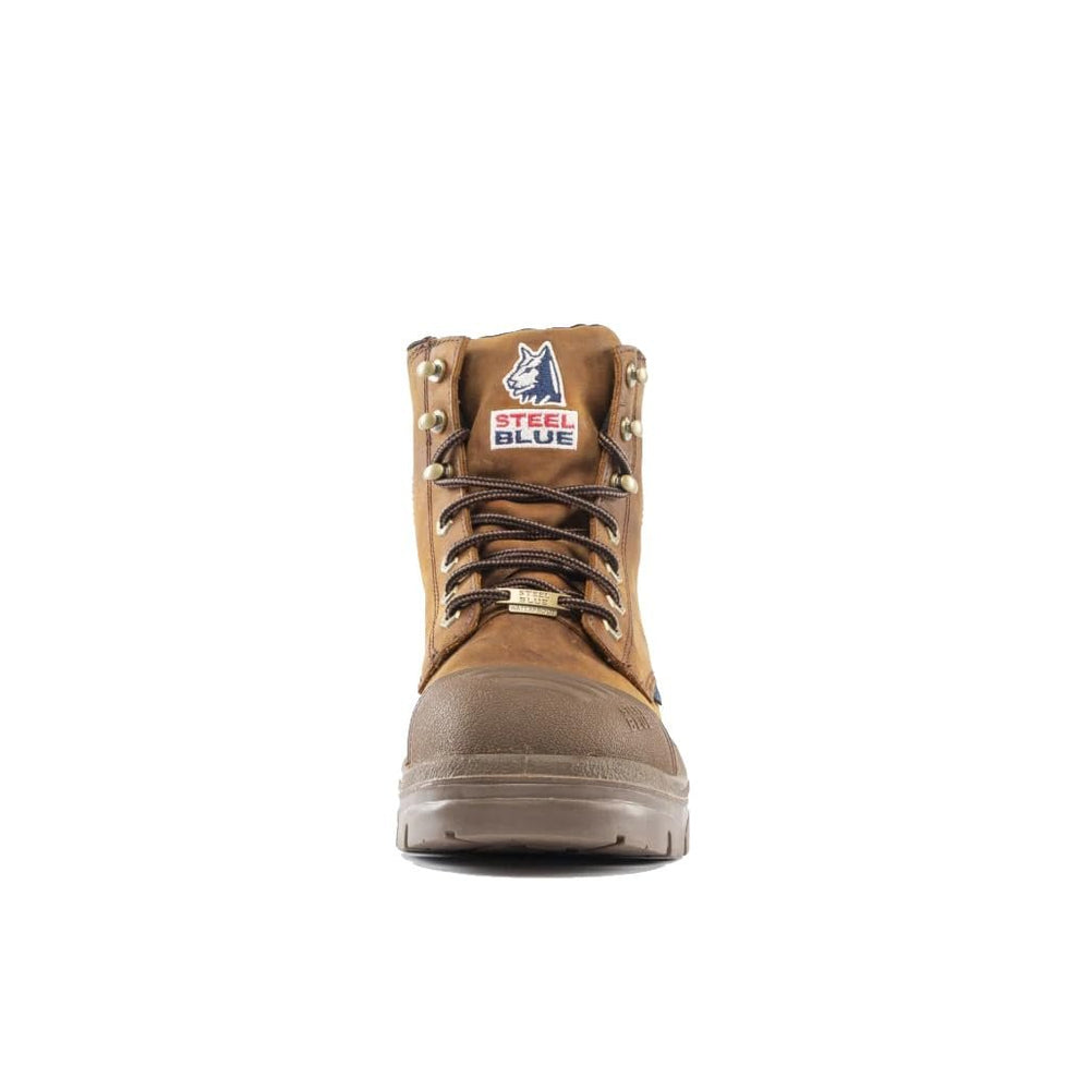Brown work boot with Steel Blue logo on a white background