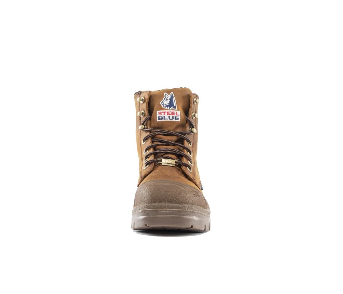 Brown work boot with Steel Blue logo on a white background