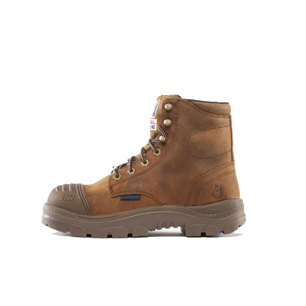 
                  
                    Brown work boot on a white background
                  
                