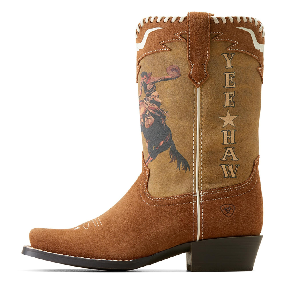 Side of Ariat Kids' Futurity Rodeo Quincy Cutter Toe Western Boot, Chestnut Suede