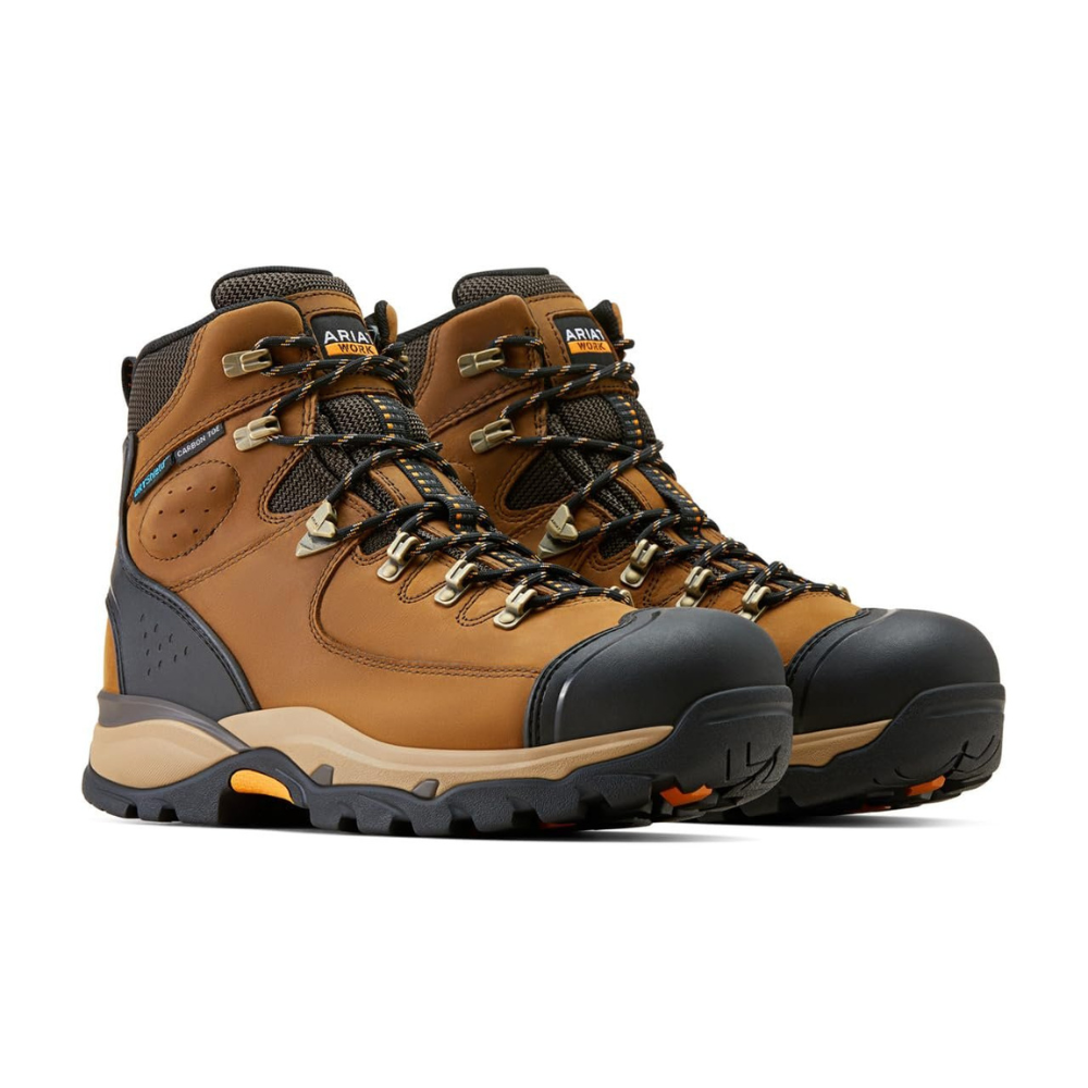 Pair of Ariat Men's Endeavor 6" Waterproof Carbon Toe Work Boots, Dusted Brown
