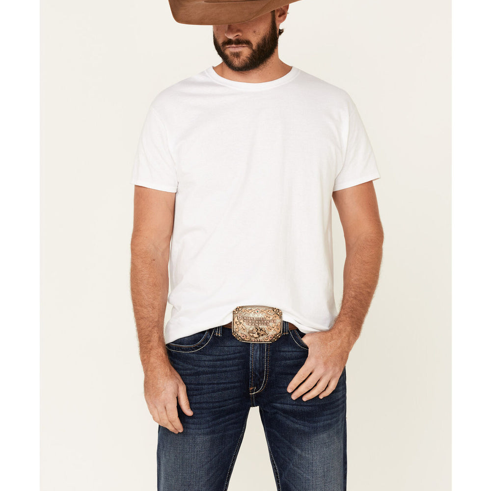 Man Wearing Ariat Men's M4 Denali Malone Dark Stretch Stackable Relaxed Straight Jeans
