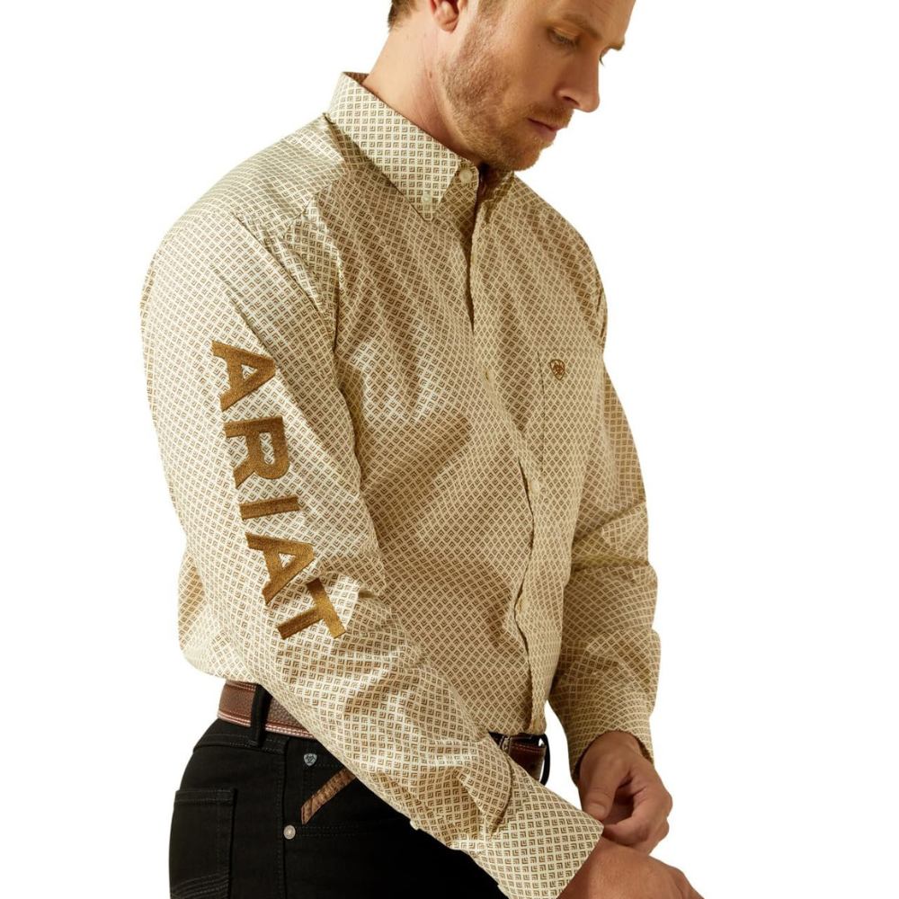 Sleeve logo on Ariat Men's Team Pierce Classic Fit Shirt, Cream/Light Brown