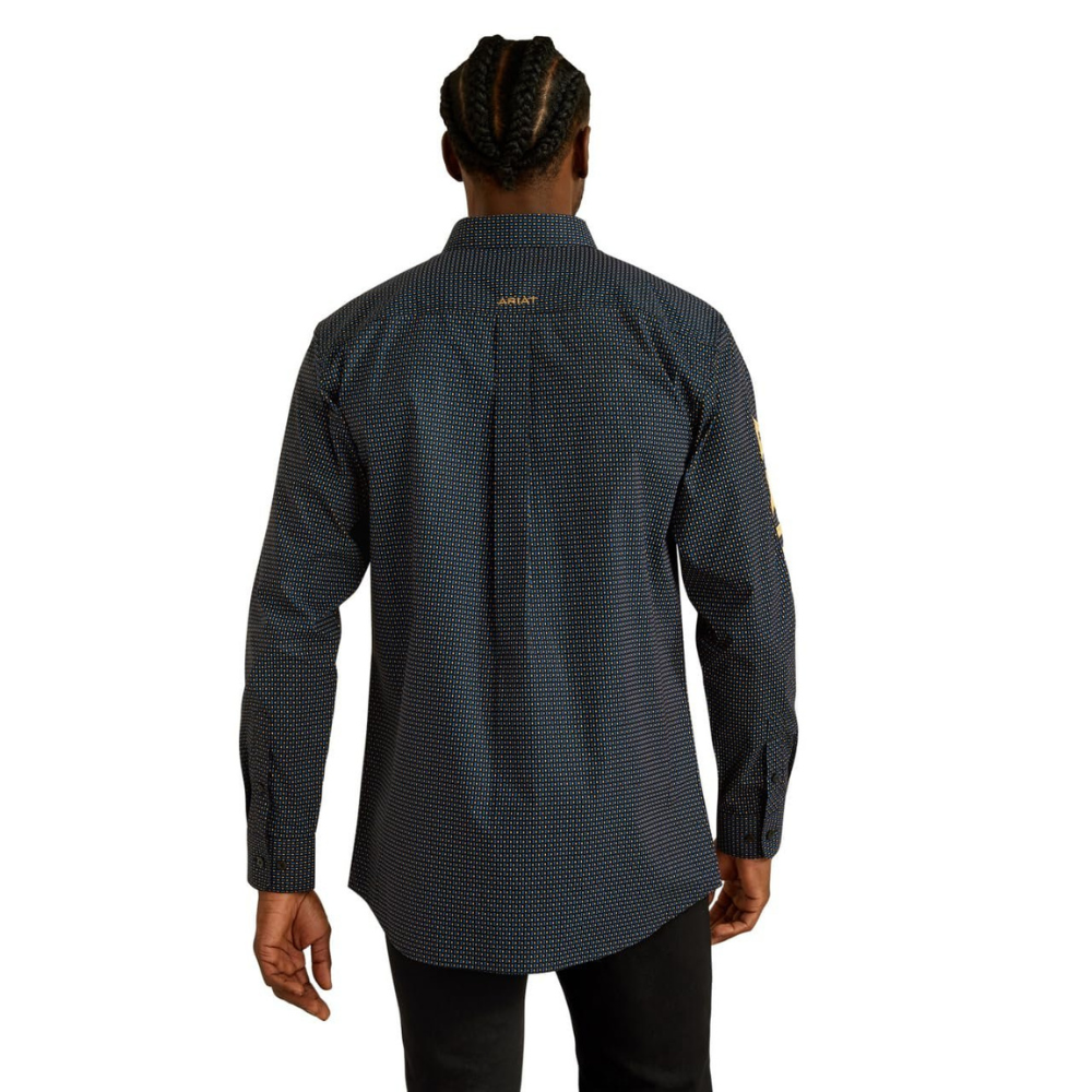 Back of Ariat Men's Team Portland Fitted Shirt, Black/Gold