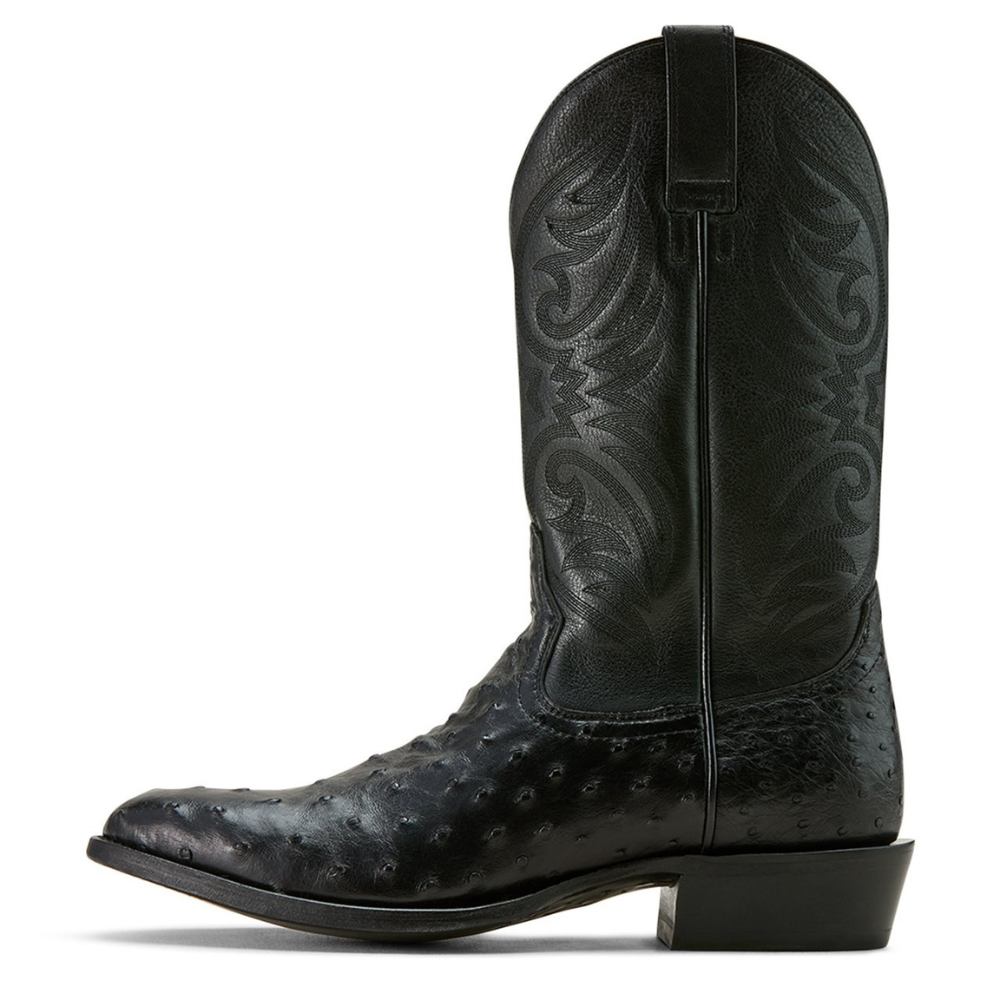Side view of Ariat Men's Vesper R Toe Cowboy Boot, Black Full Quill Ostrich