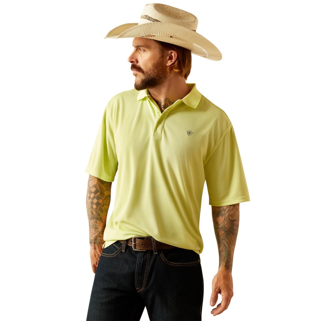Man wearing a light green polo shirt and straw hat on a white background