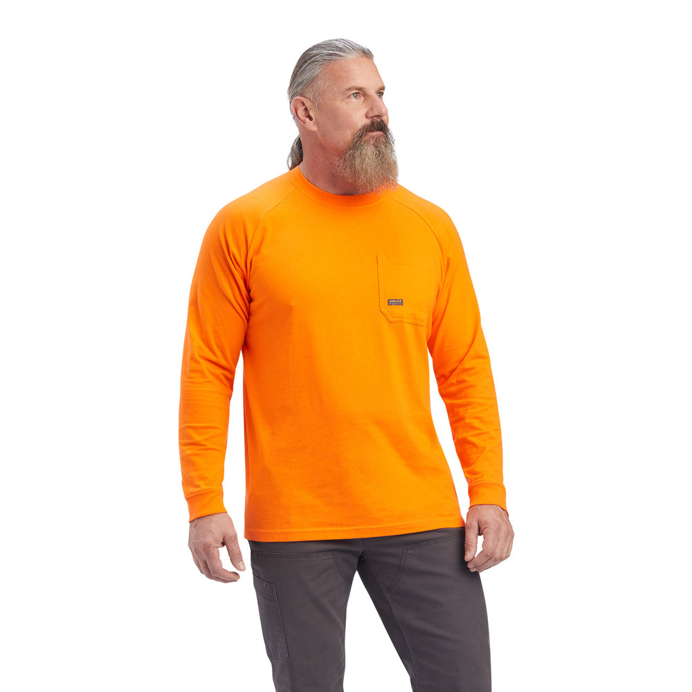 Man wearing an orange long-sleeve shirt on a white background